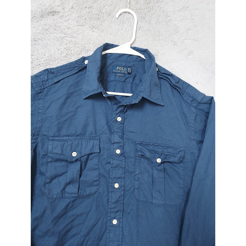 Polo Ralph Lauren Shirt Men Large Classic Fit Military Epaulets Blue Safari Bush